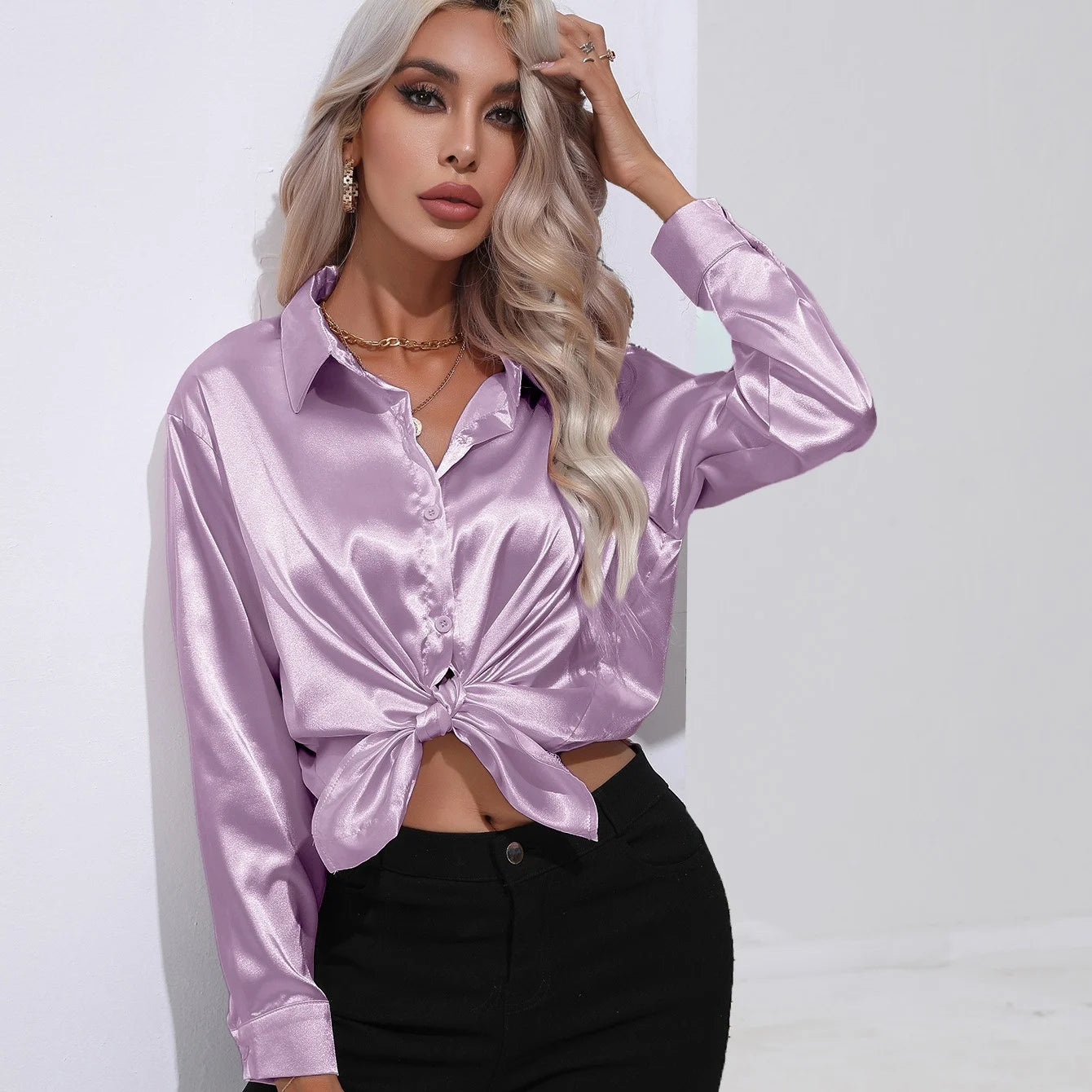 Women's Button Front Satin Look Shirt