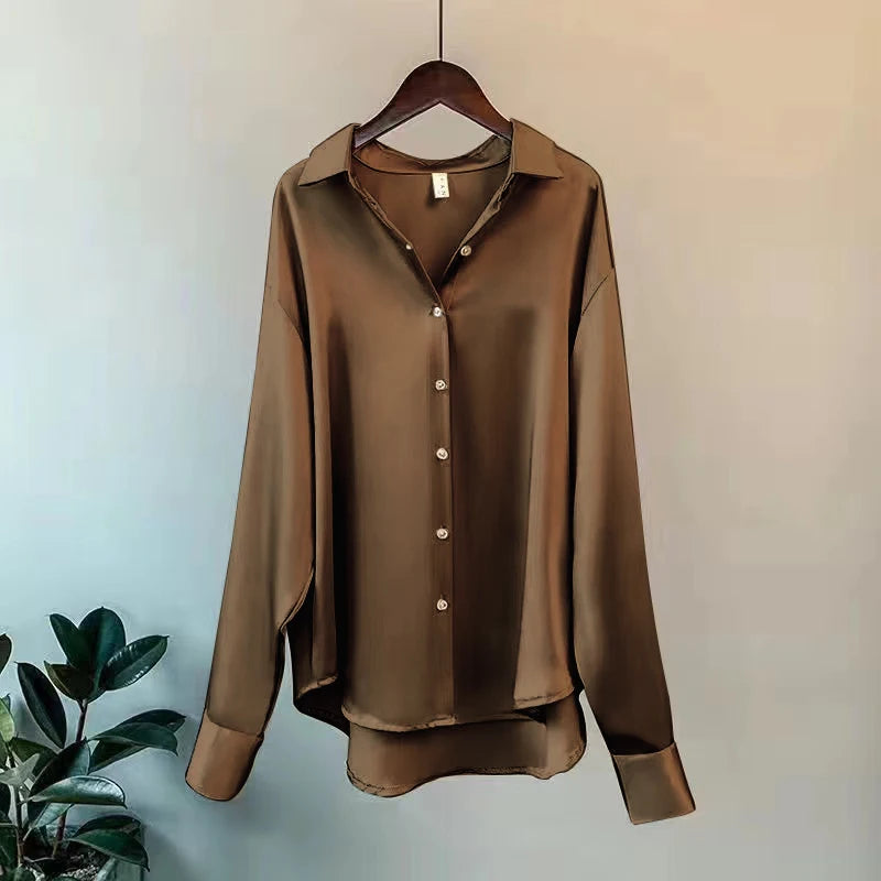Women's Satin Look Long Sleeve Button Front Shirt