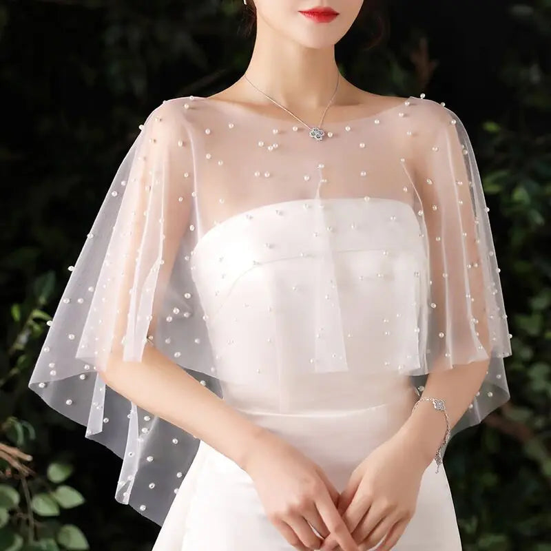 Pearl Beaded Sheer Capelet for Layering over Dresses and Tops