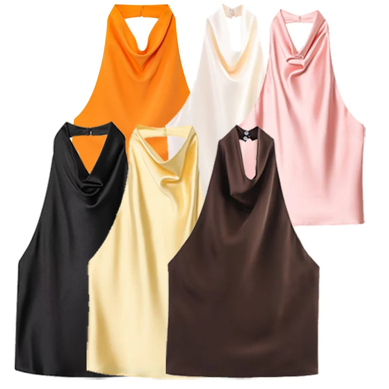 Women's Satin Polyester Halter Camisole with a Draped Front and Open Back