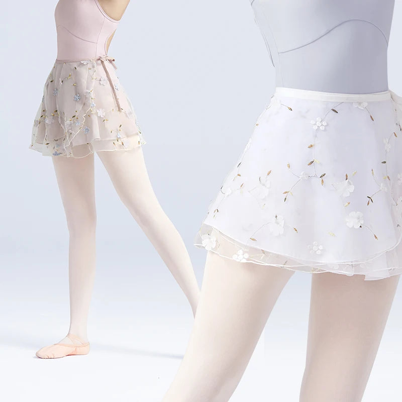 Women's Floral Embroidered Ballet Wrap Skirt with Two Layer Mini Design