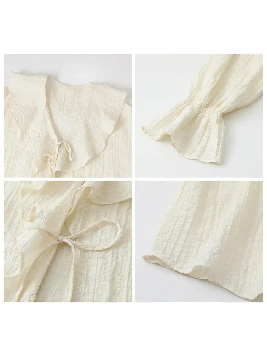 Women's Ruffled V Neck Blouse with Flared Cuffs