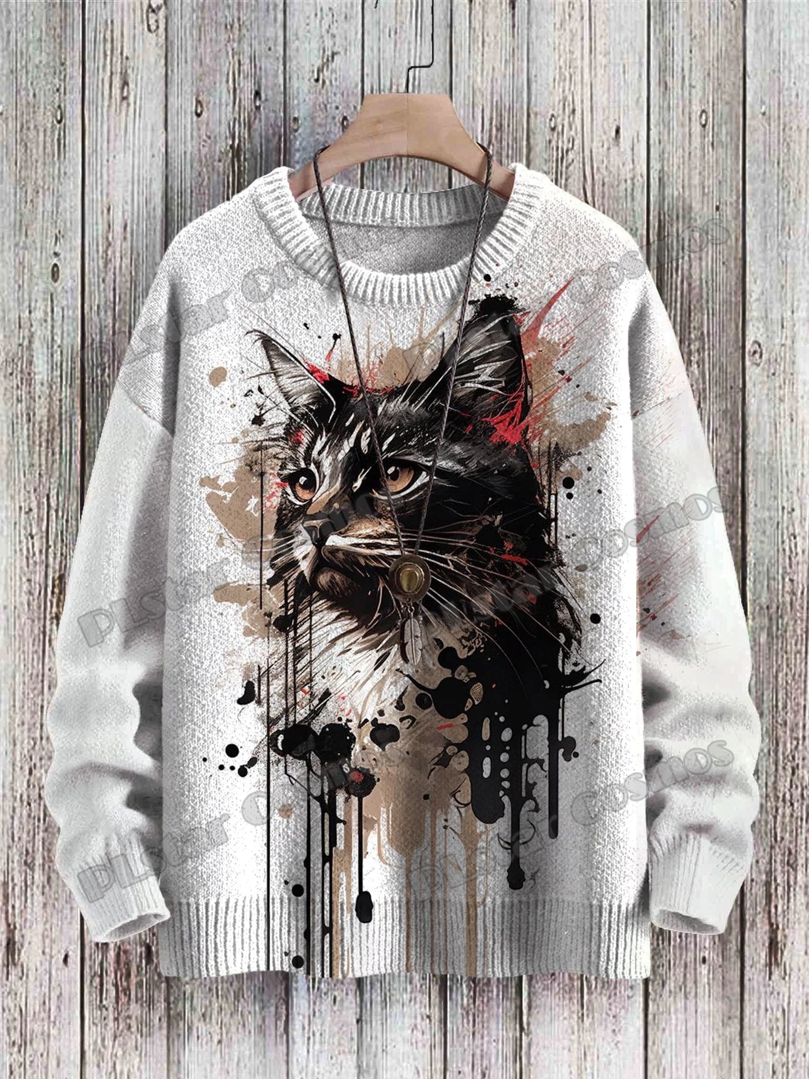 Men's Cat Print Crew Neck Long Sleeve Sweater