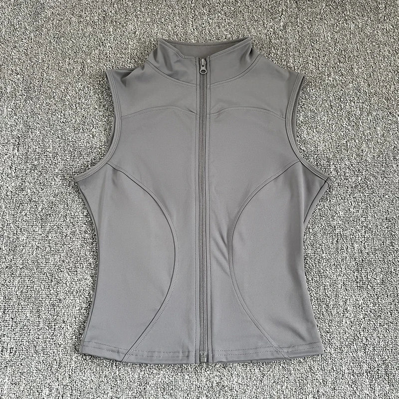 Women's Polyester Blend Zip Front Workout Tank with a Stand Collar