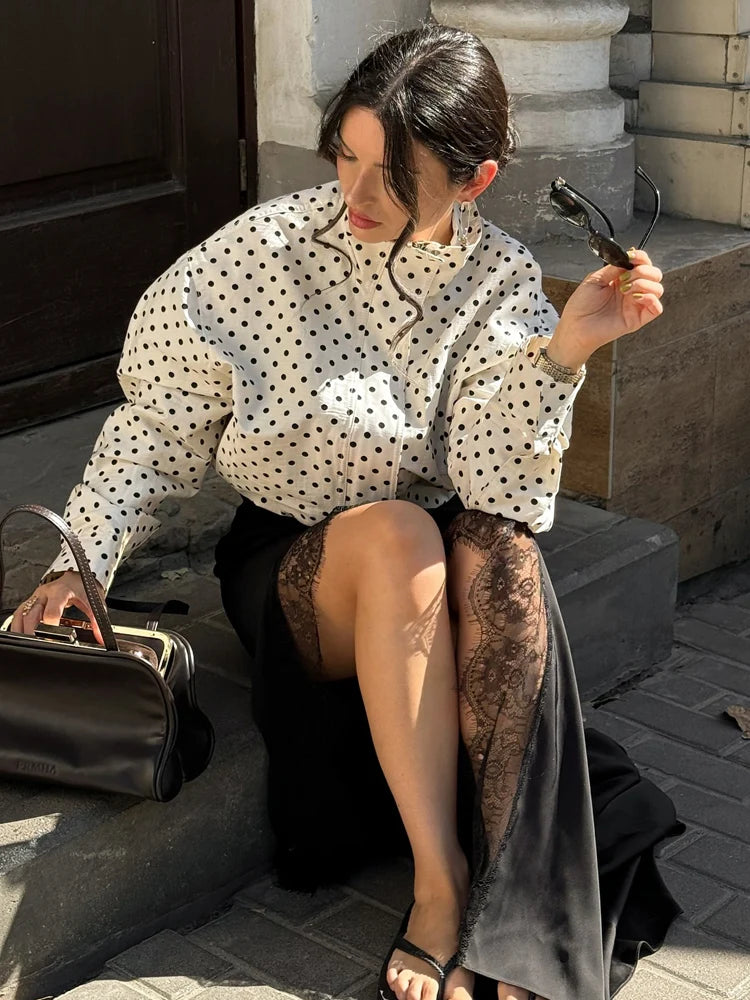 Women's Polyester Polka-Dot Long-Sleeve Zip-Front Collared Jacket with Pockets for Casual Outfits