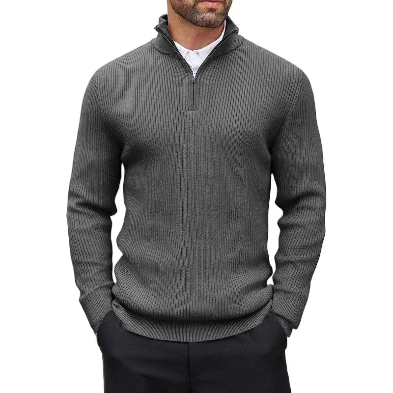 Men's Quarter Zip Ribbed Long Sleeve Sweater