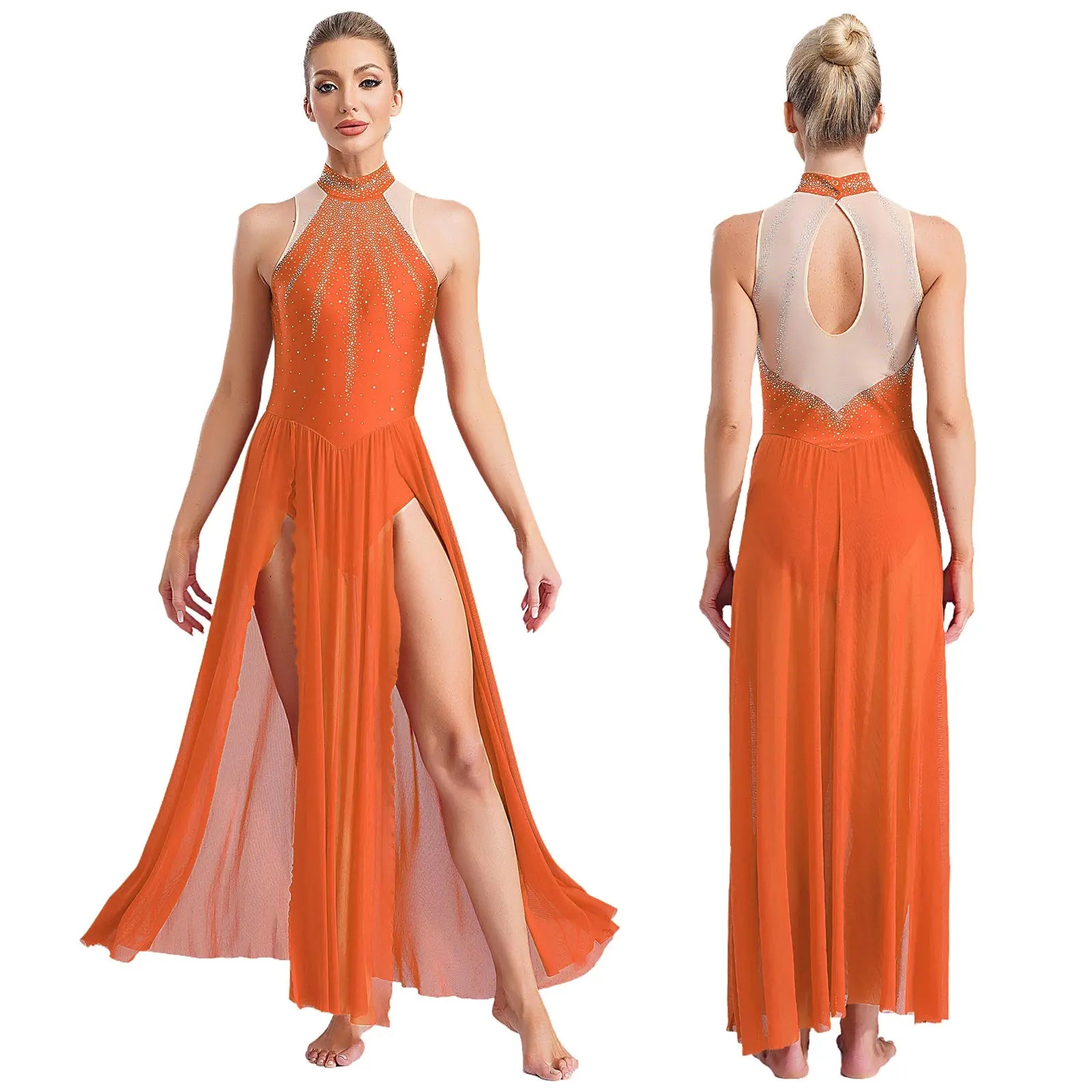 Women's Sleeveless Rhinestone Lyrical Dance Dress with Long Split Mesh Skirt