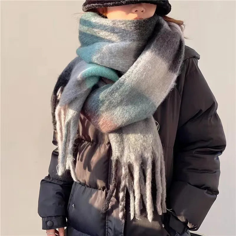 Multicolor Plaid Scarf with Long Shape and Fringed Ends