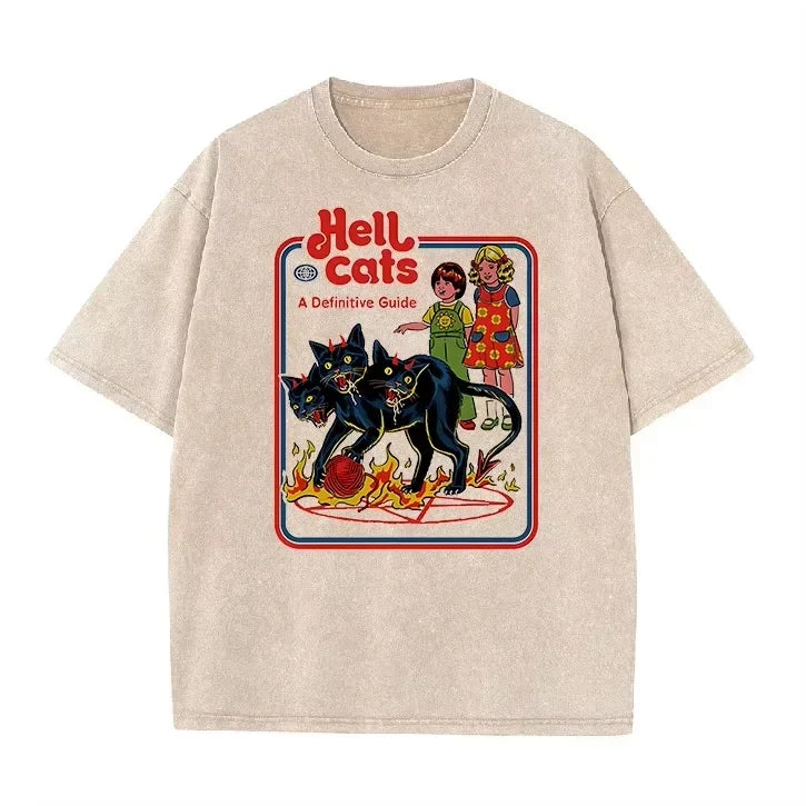 Purple Acid Wash Hell Cats Graphic Casual Retro Streetwear Tee