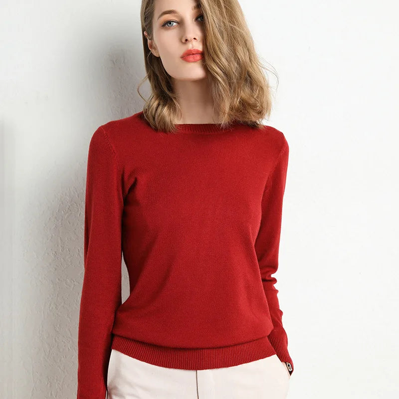 Women's Plain Crew Neck Long Sleeve Sweater Casual Knit Layer