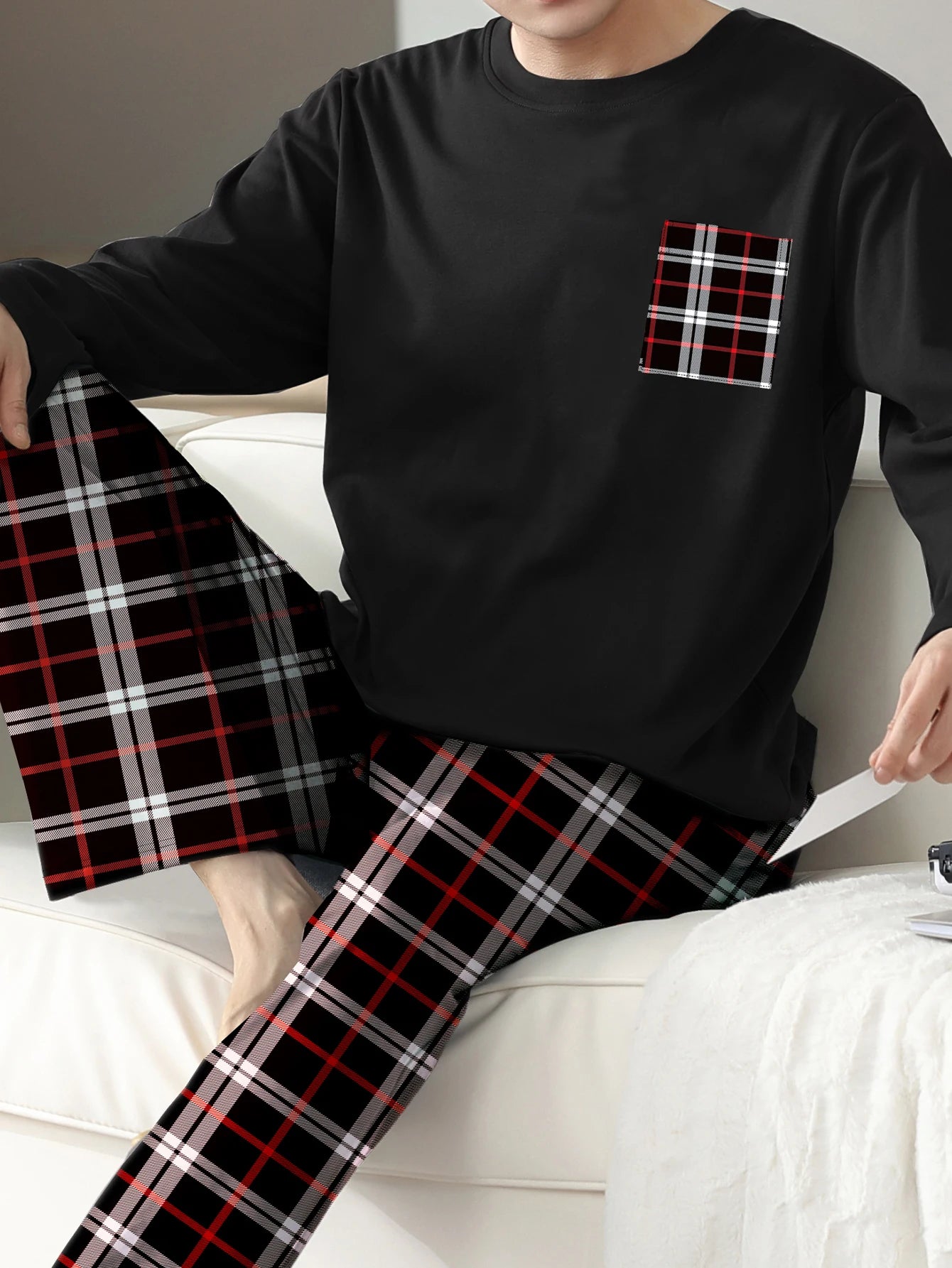 Men's Long Sleeve Pocket Top and Plaid Pants Pajama Set