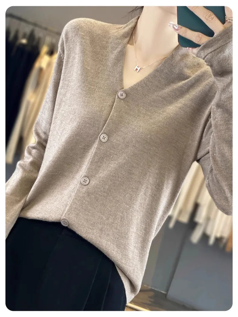 Light luxury retro style! V-neck pure cashmere knit cardigan women's autumn and winter loose wool top bottom sweater coat