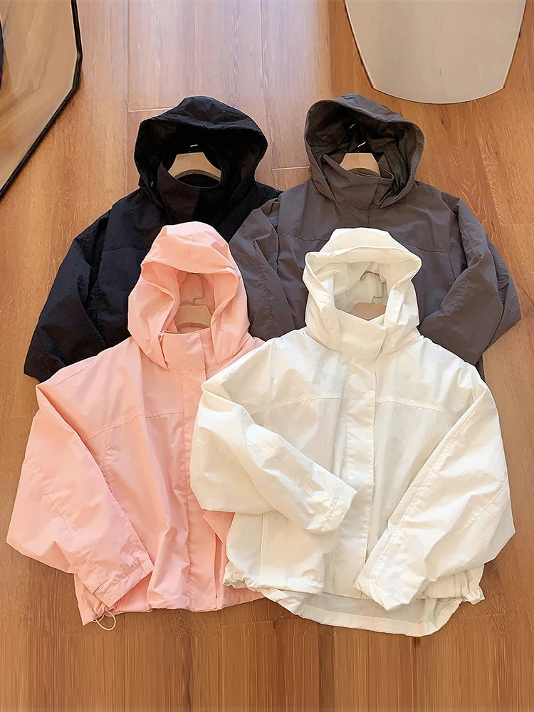 Women's Hooded Zip Front Drawstring Hem Jacket for Layered Outfits