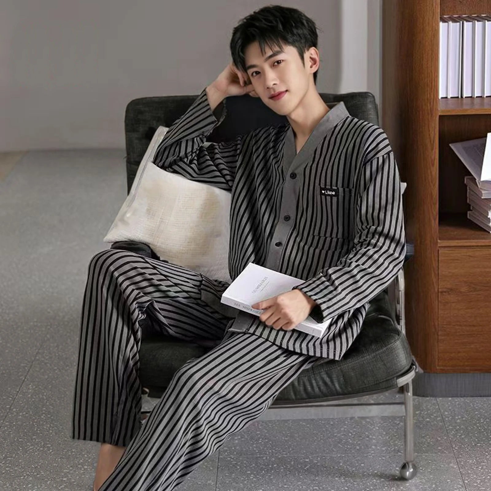 Men's Printed Button Front Long Sleeve Shirt and Pants Pajama Set