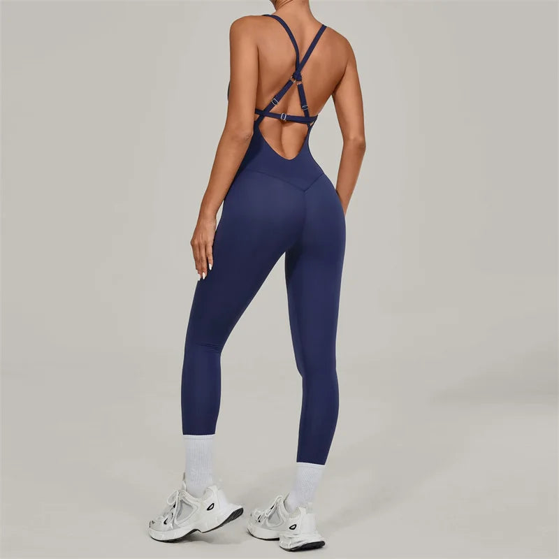 Women's Thin Strap Nylon Blend Workout Jumpsuit with Crisscross Back