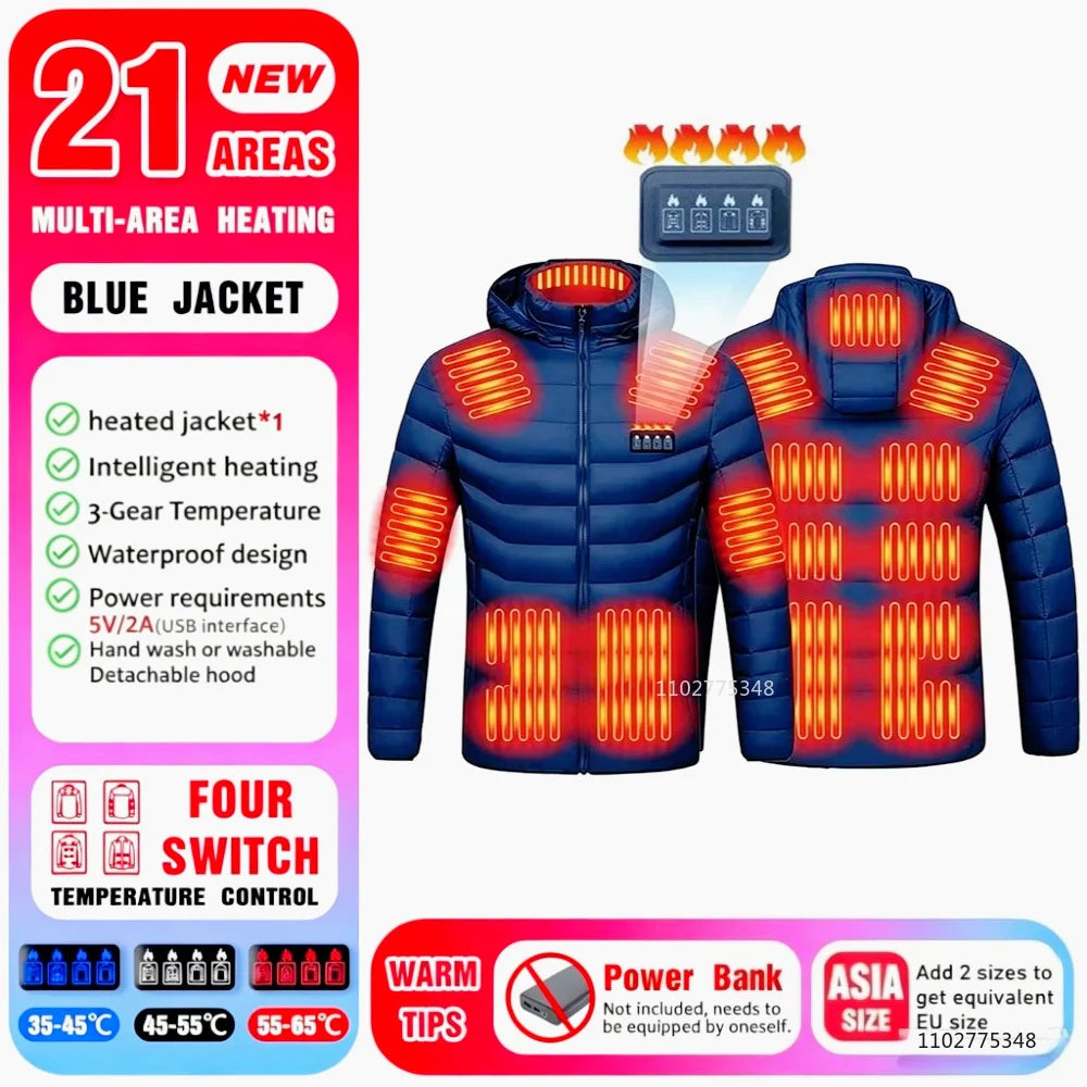 USB Heated Hooded Full Zip Long Sleeve Outdoor Jacket
