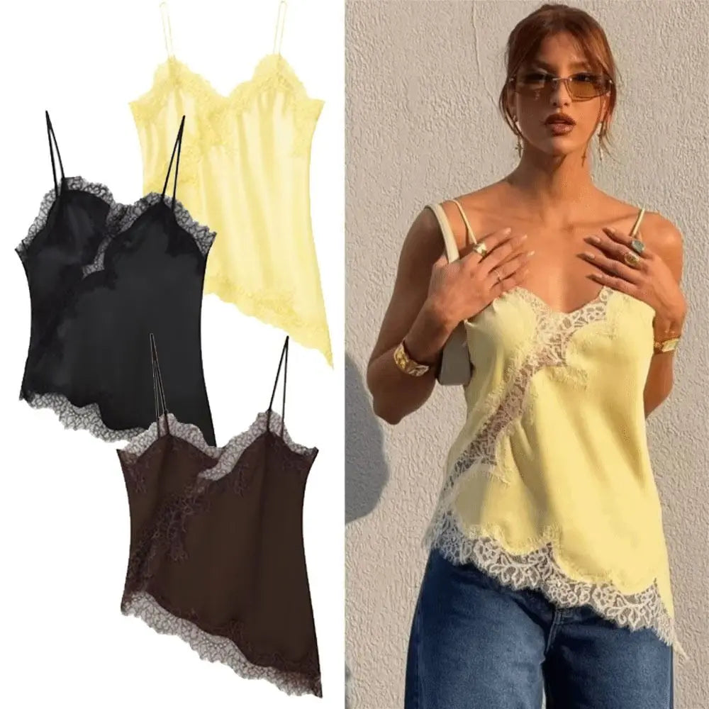 Women's V-Neck Camisole with Lace Trim and an Asymmetric Hem