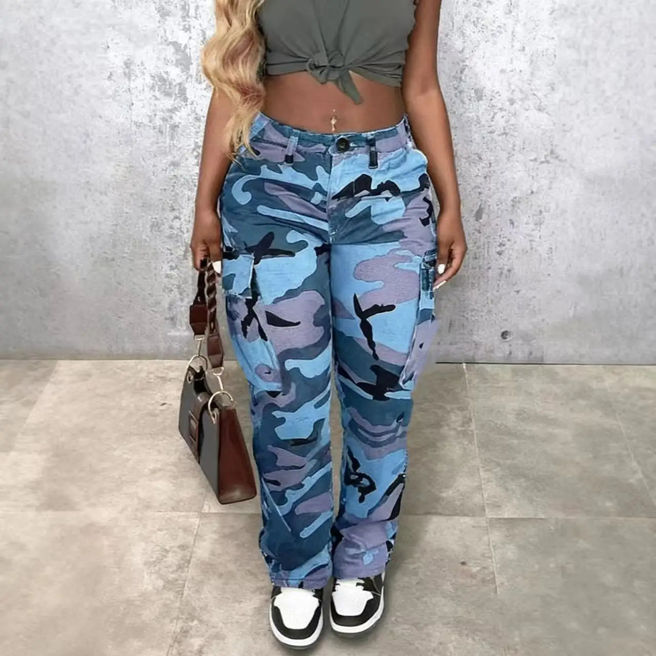 Women's Camouflage Cargo Pants with Straight Legs and Button Waist