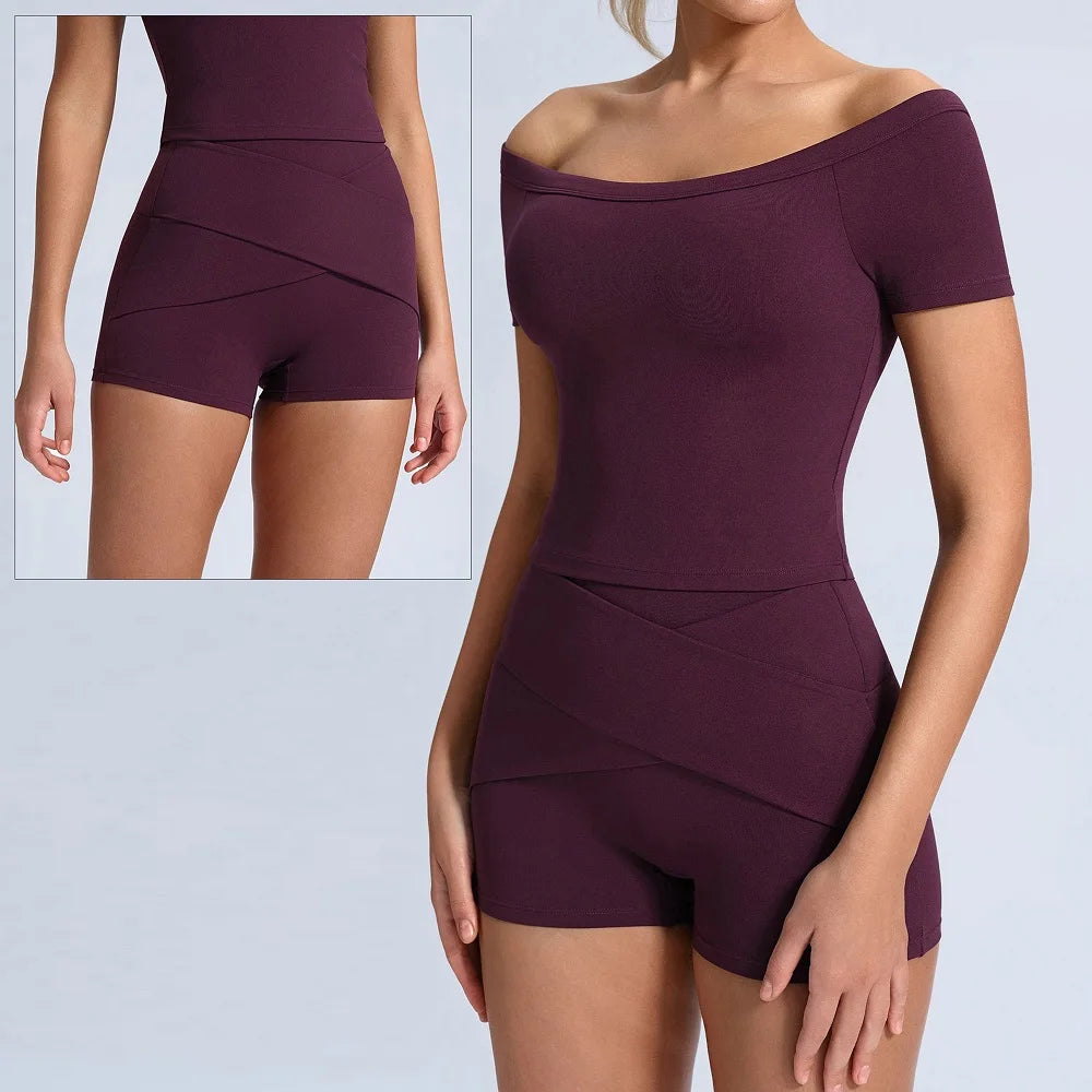 Women's Off-Shoulder Top and Shorts Workout Set