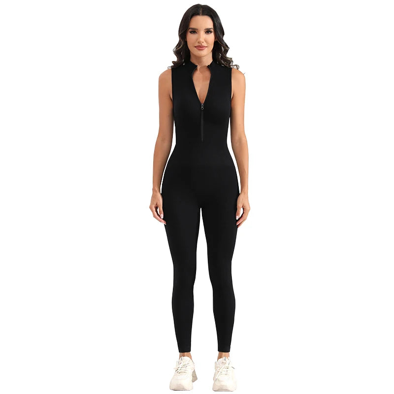 Women's Ribbed Nylon Jumpsuit with Front Zip and Cropped Legs