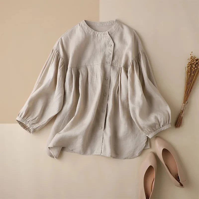 Women's Linen-Rayon Long-Sleeve Loose Round-Neck Blouse with Button Detail for Casual Outfits