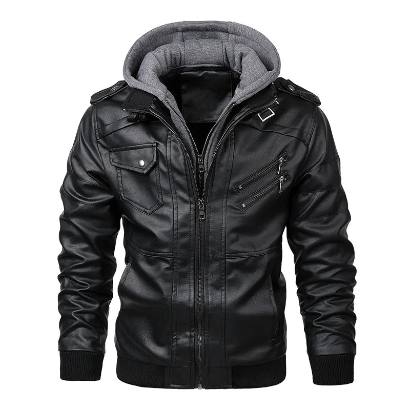 Men's Faux-Leather Biker Jacket with Detachable Hood