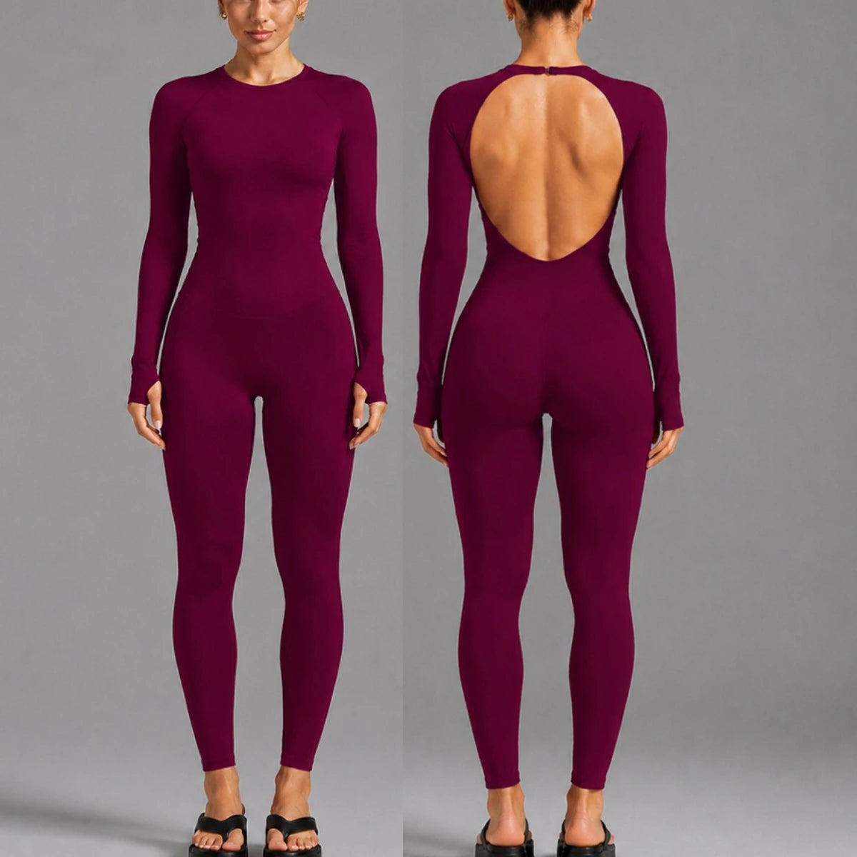 Women's Open Back Nylon Blend Workout One Piece with Sleeve and Length Options