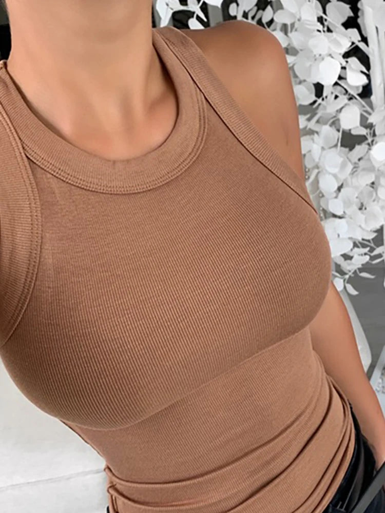 Women's Round Neck Cotton Blend Ribbed Tank Top with Sleeveless Cut