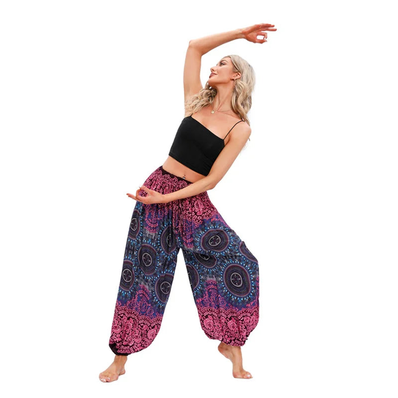 Women's Printed Rayon Harem Pants with Elastic Waist and Loose Gathered Legs