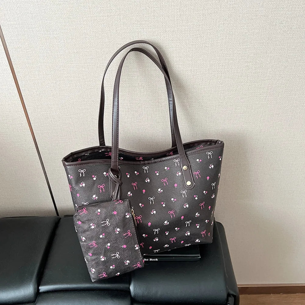 Women's Bow Print Tote Bag with Long Handles and Zipper Closure