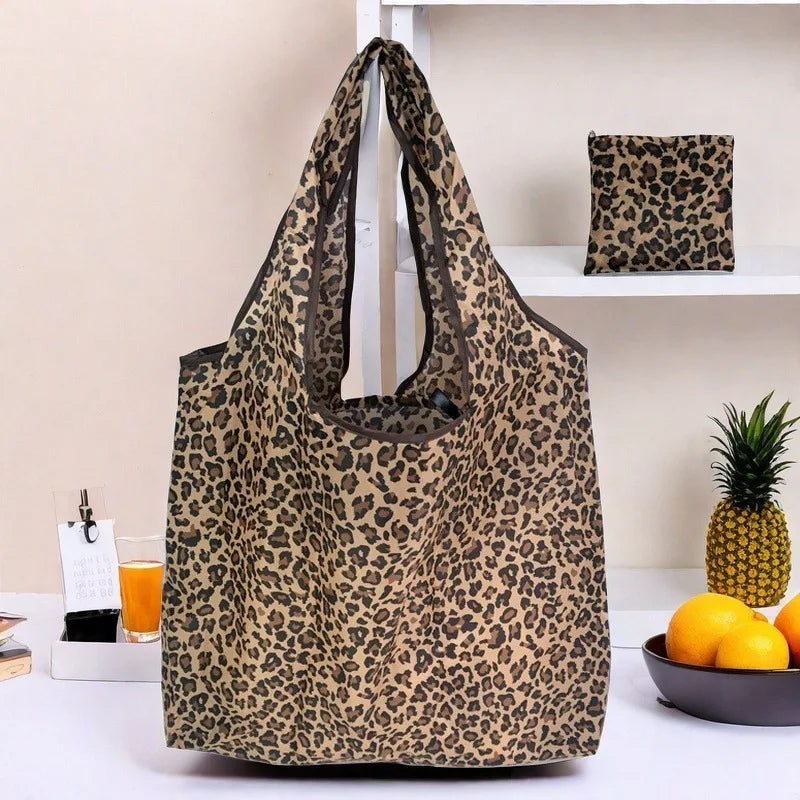 Leopard Print Foldable Tote Bag with Wide Shoulder Handles