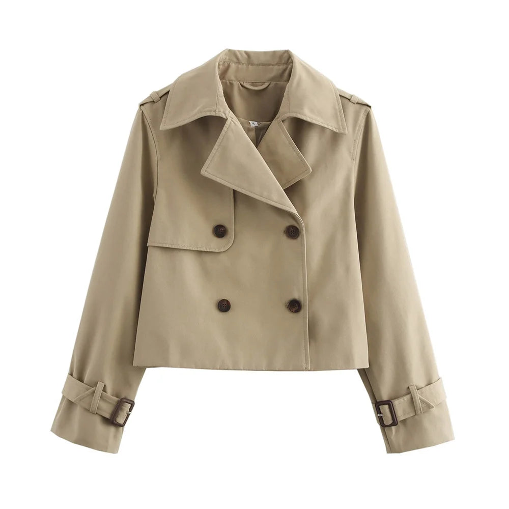 Cropped Double-Breasted Long-Sleeve Trench Jacket