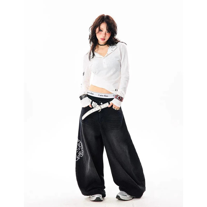 Women's Black Graphic Wide Leg Denim Jeans For Everyday Outfits