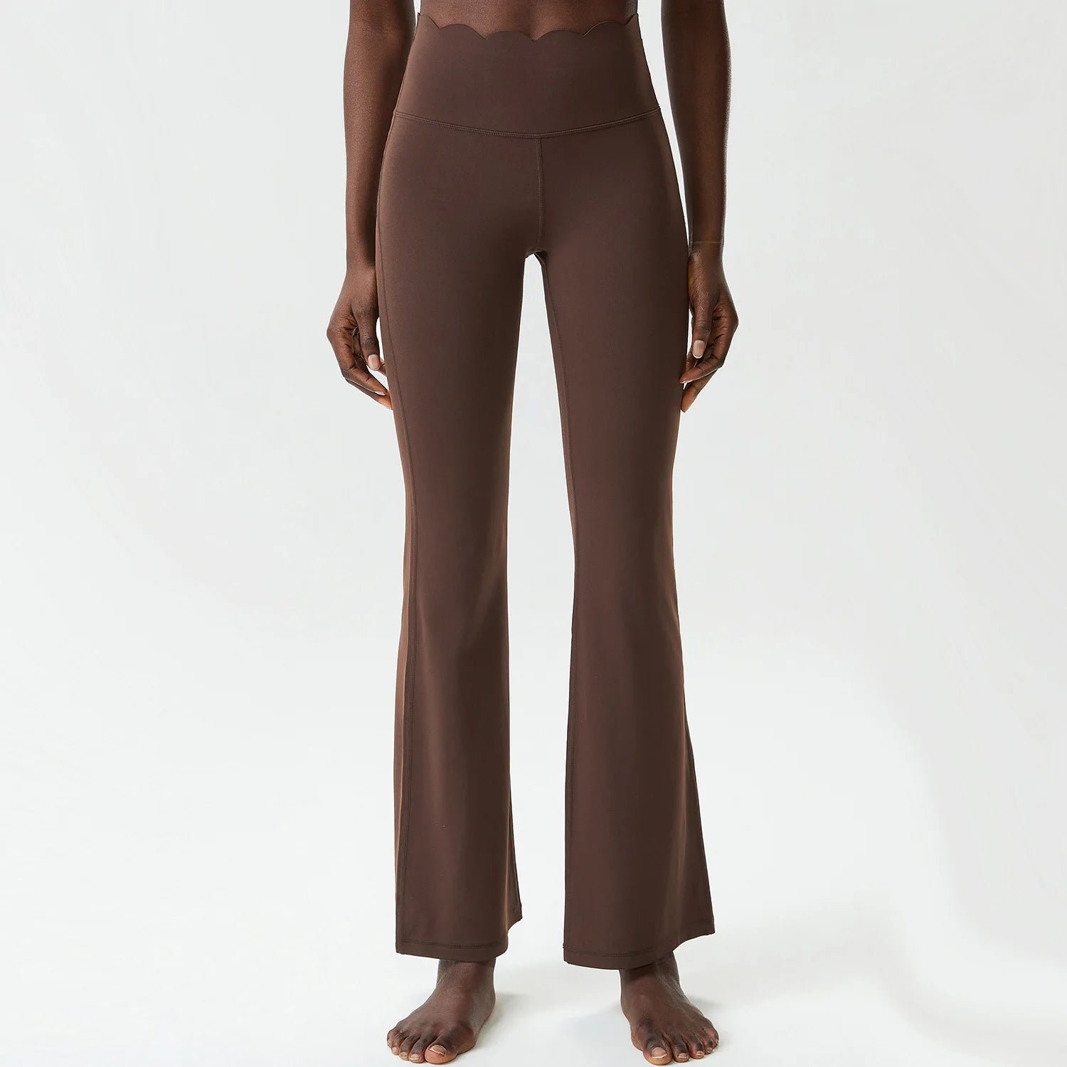 Women's High Waist Nylon Blend Flared Pants with Scalloped Waistband Edge