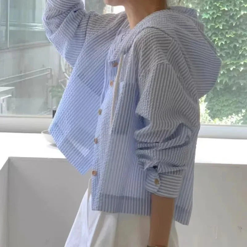 Women's Striped Hooded Cropped Button Front Shirt