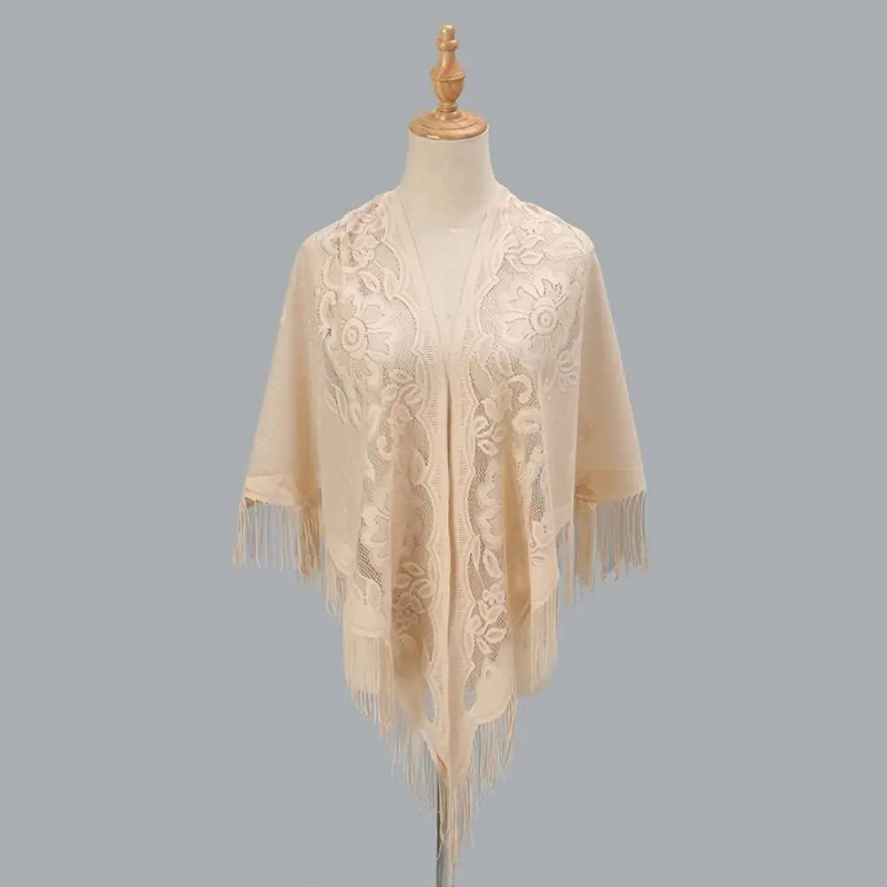 Floral Lace Fringed Wrap Scarf for Layering over Outfits
