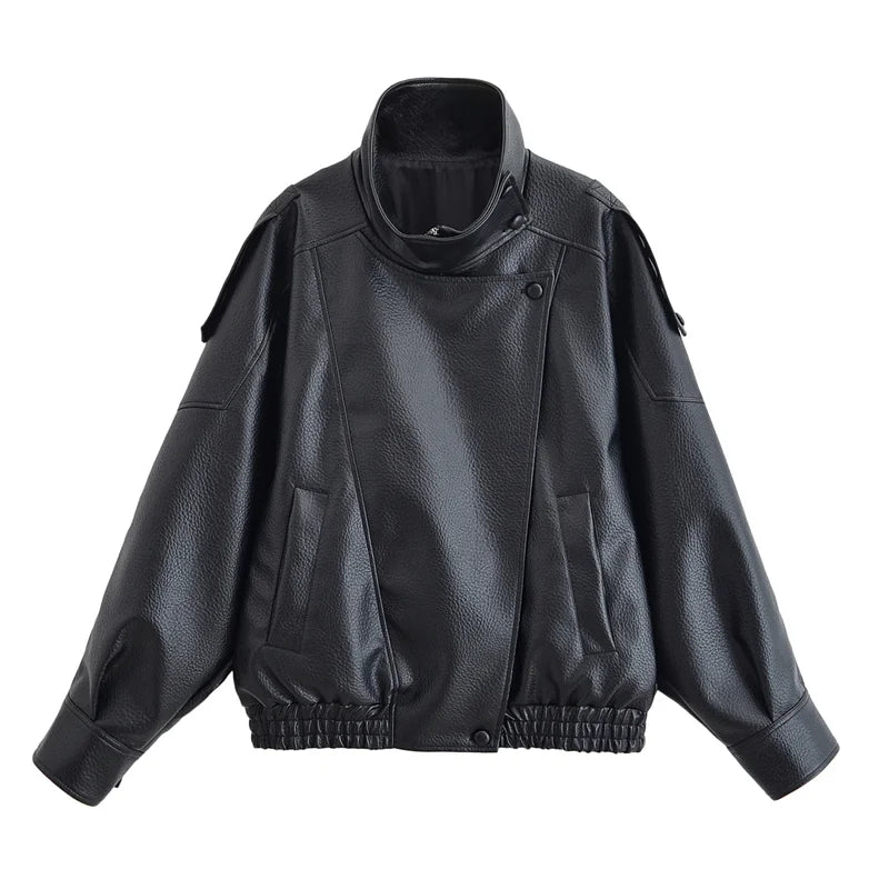 Women's Stand Collar Faux Leather Jacket for Layered Outfits