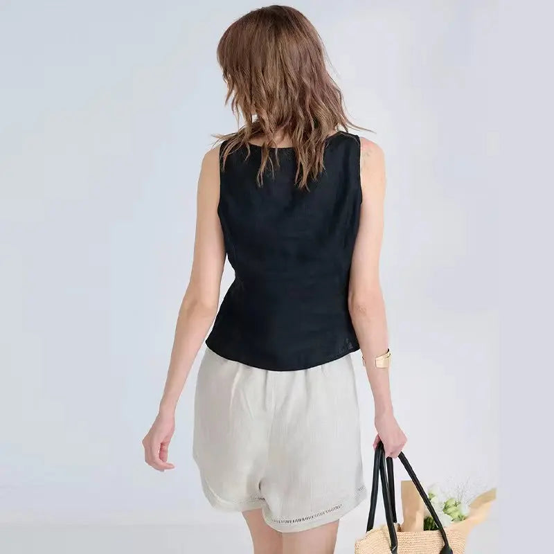 Women's Linen Sleeveless V-Neck Cropped Tank Top with Zipper Detail for Summer