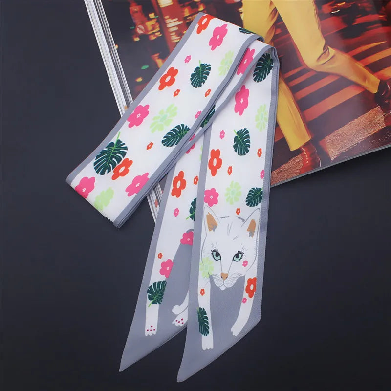 Animal Print Narrow Scarf with Pointed Tie Ends