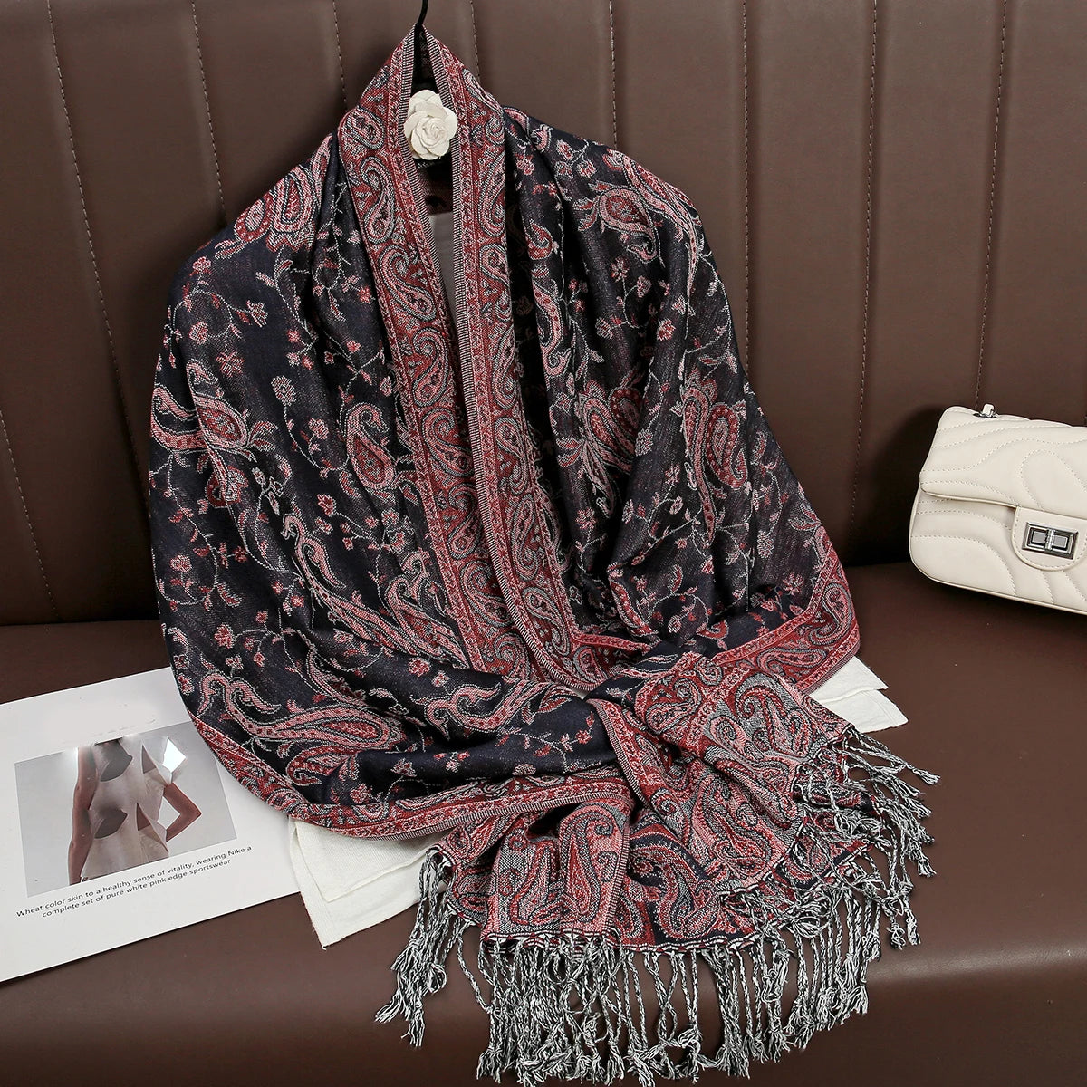 Paisley Floral Print Long Scarf with Fringed Ends