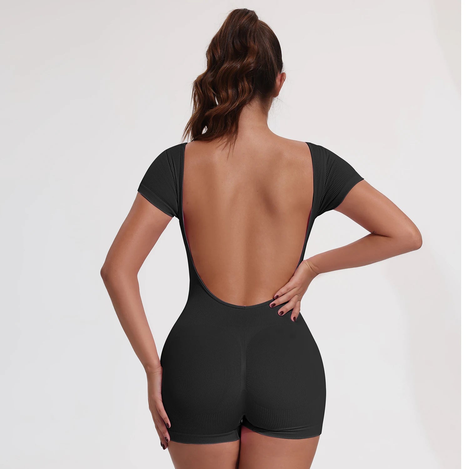 Women's Scoop Neck Nylon Blend Romper with Cap Sleeves and Open Back