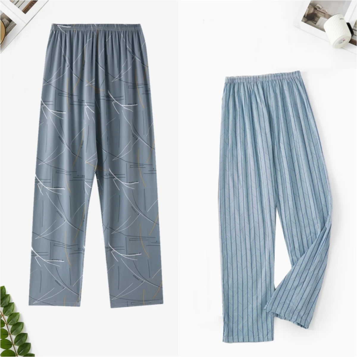 Men's Printed Elastic Waist Long Pajama Pants with Style Options