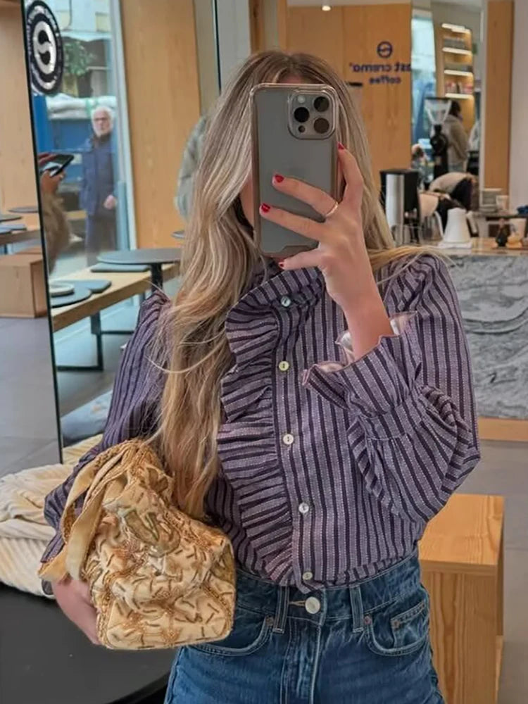 Women's Ruffled Stand Collar Long Sleeve Patterned Shirt