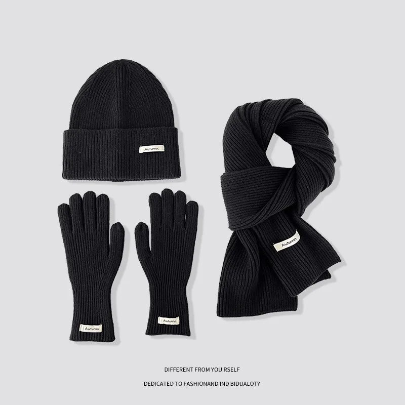 Women's Solid Knitted Hat Scarf and Gloves Set for Winter Outfits