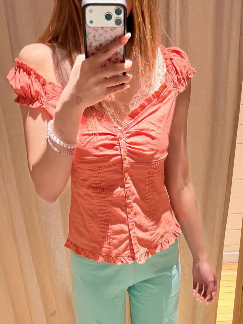 Women's Ruffled Cotton Sleeveless Blouse with Button Front and Mixed Pattern Options