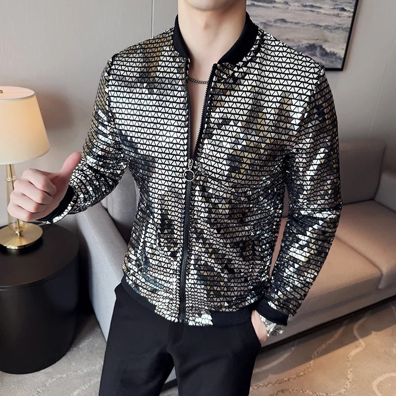 Metallic Finish Long Sleeve Front Zip Casual Bomber Jacket