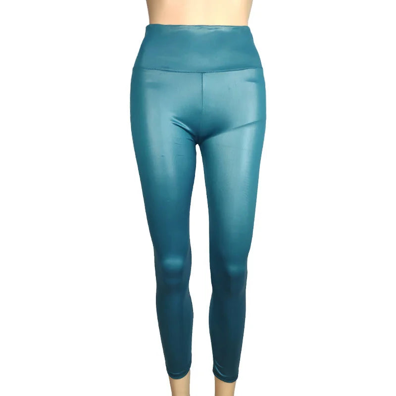Women's Faux Leather Look Full Length Leggings For Workout Outfits