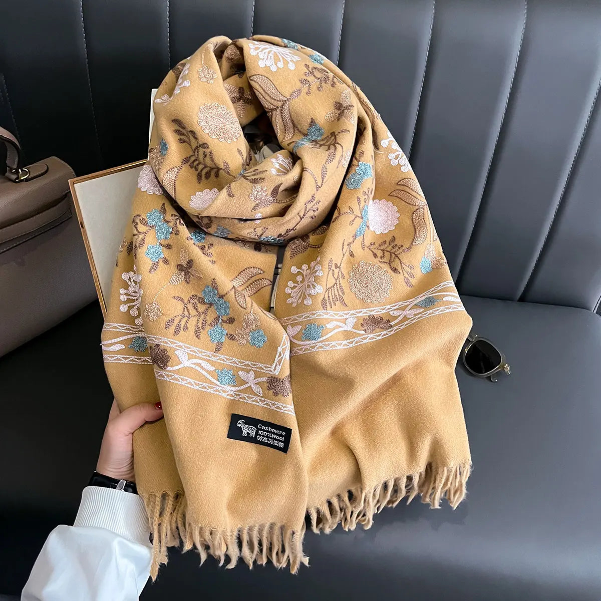 Patterned Fringed Scarf with Decorative Floral Embroidery Design