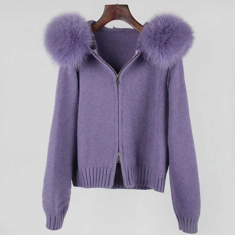 Women's Polyester Zip-Front Long-Sleeve Knit Jacket with Fox-Fur Collar for Winter Outfits