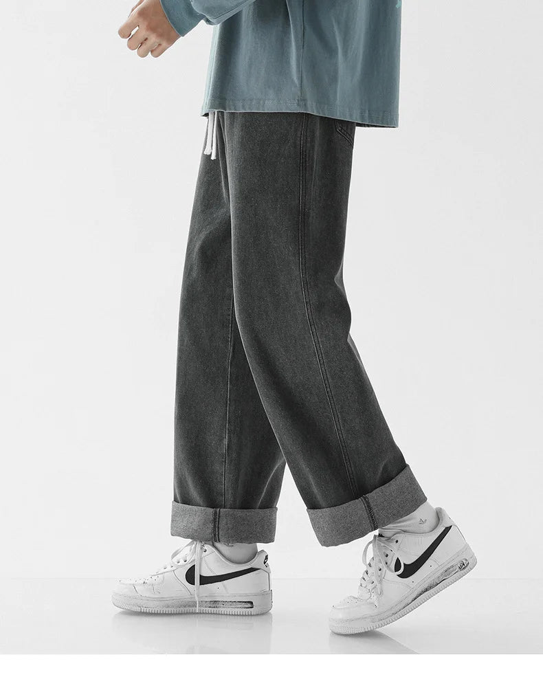 Men's Loose Straight-Leg Elastic-Waist Full-Length Jeans